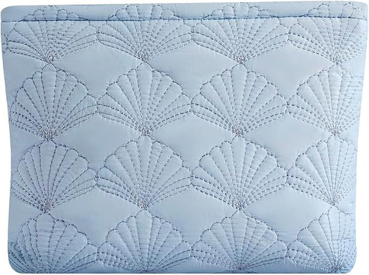 uekeboag Shells Quilted Cotton Makeup Bag,Travel Pouch(LightBlue) | Cotton Aesthetic Cosmetic Bag for Women,Shell Embroidery,Wedding Gifts, Bridal Gifts