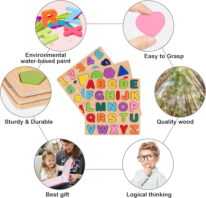 Attmu Wooden Puzzles for Toddlers, 3 Pcs Alphabet Puzzle ABC Shape Number Puzzle, Learning Toys for Kids, Preschool Educational Activities Toddler Gift Toys for Girls Boys Christmas Valentines Easter