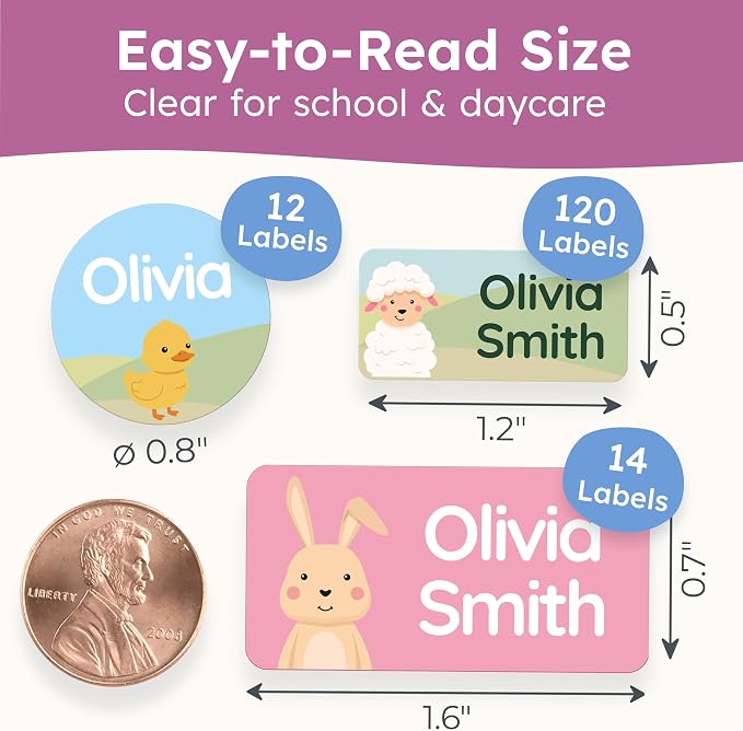 Personalized Daycare Name Labels for Kids [140pcs, Cozy Farm] - Waterproof Name Stickers for School, Baby Bottles & Clothing - Custom Name Stickers - Washable Stick On Labels (Various Sizes)