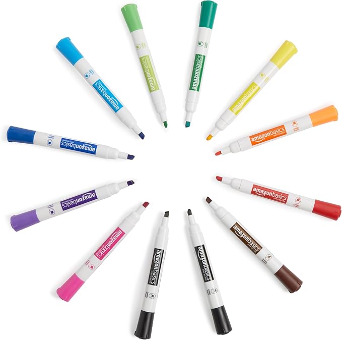 Amazon Basics Lowe-Odor Dry Erase Whiteboard Markers, Chisel Tip, Quick-Dry, Black, 12-Pack