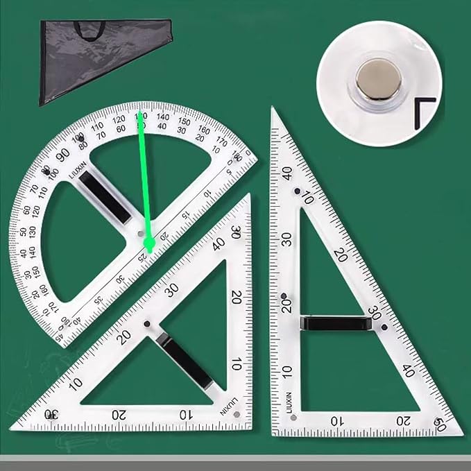 Magnetic Geometry Tool Set Clear Drafting Tools Mathematics Protractor, Triangular Scale Ruler Math Classroom Teaching Measurement Set Oversized Ruler (Transparent 3-Piece Set)