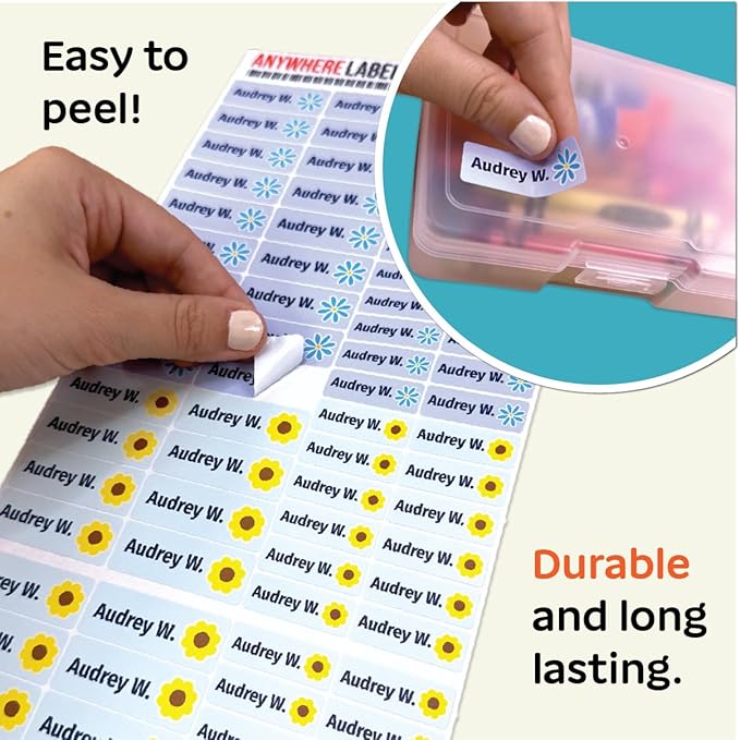 Kids Personalized Name Labels for School, Camp, Daycare (128 Labels) Custom Peel and Stick Waterproof Name Tags Stickers for Water Bottles, Lunch Boxes, Clothing, School Supplies (Flowers)
