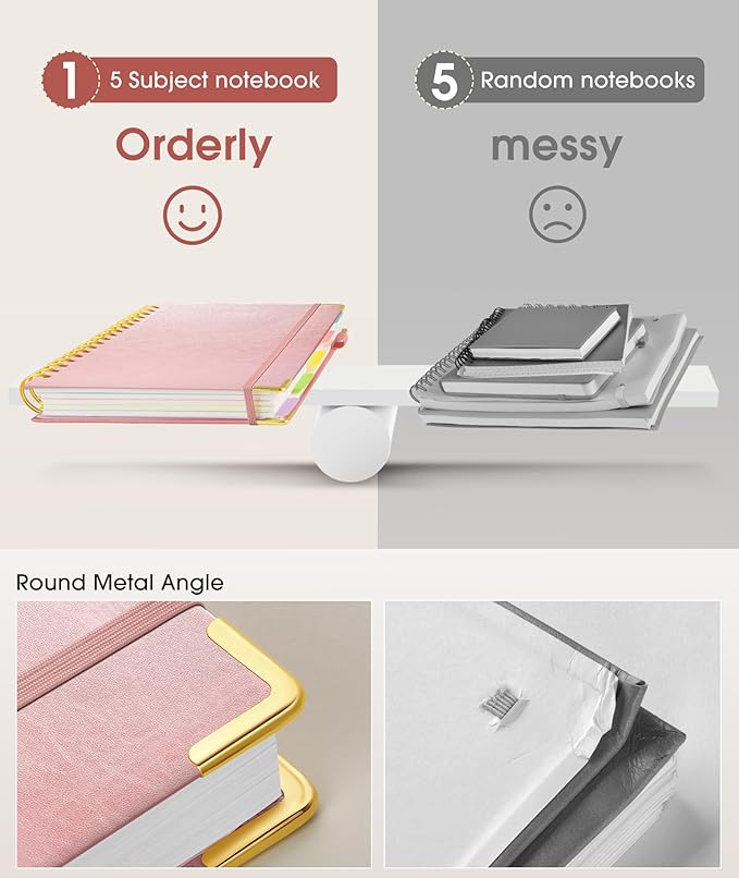 Hardcover Spiral Notebook Journal with Removable Dividers Tabs, 300 Pages Leather 5 Subject Notebook College Ruled, 8"x10" Large B5 Notebooks for Work School, Lined Journal for Women, Rose gold