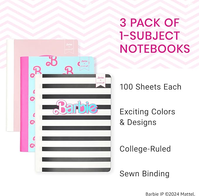 Yoobi Barbie X College Ruled Composition Notebook Set – 3-Pack of Kids 1 Subject Notebooks, Allover Print Designs – 100 Sheets Each, For School, Office & Home – 9.75” x 7.5”
