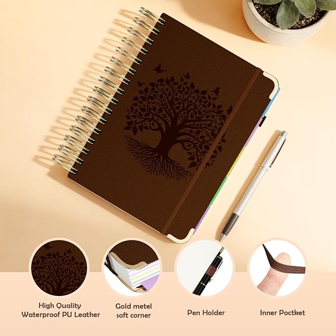 QIYVLOS Hardcover Spiral Notebook, A5 Journal with Removable Dividers Tabs, 5 Subject Notebook College Ruled, 320 Pages 6"x8" Leather Notebooks for Work School Study, Lined Journal for Women, Brown