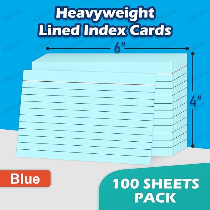 Blue Index Cards 4x6 Lined Ruled Flash Note Cards 100 Count, 220 GSM Heavy Weight