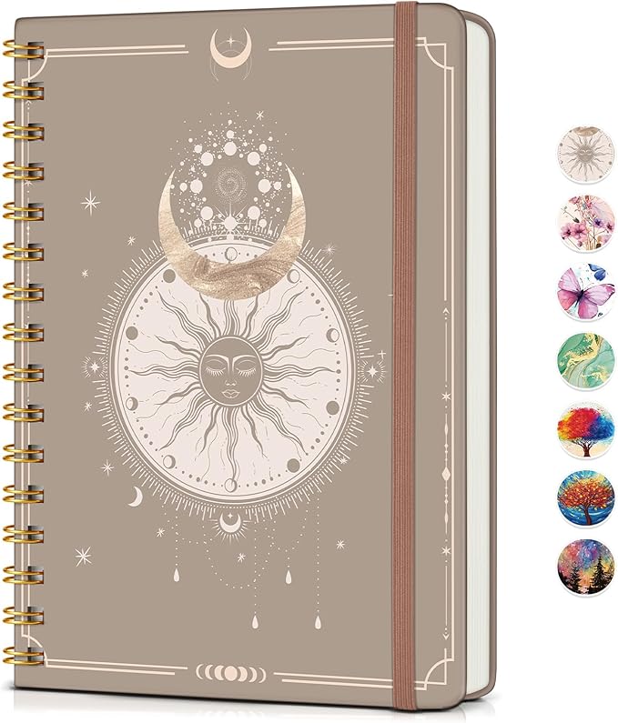 PAPEJOON Lined Spiral Journal Notebook for Women, A5 Cute Hardcover Spiral Journals for Writing, 150 Pages Pretty College Ruled Notebooks for Work & Note Taking, 5.75" x 8.38", Boho Sun & Moon
