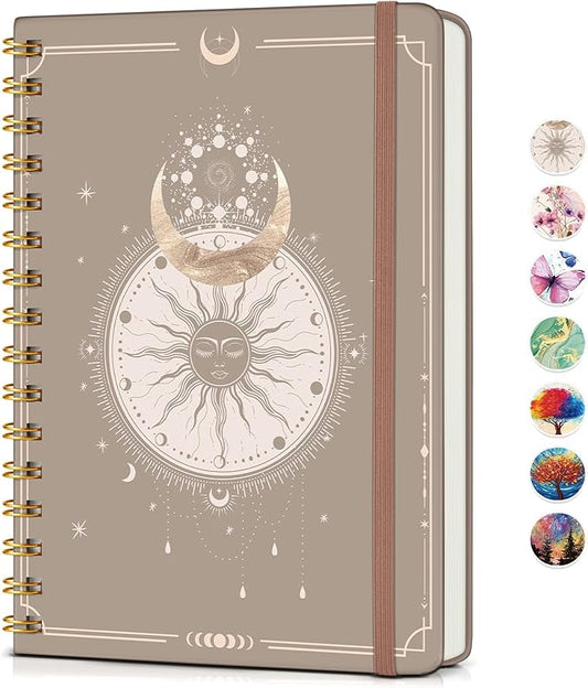 PAPEJOON Lined Spiral Journal Notebook for Women, A5 Cute Hardcover Spiral Journals for Writing, 150 Pages Pretty College Ruled Notebooks for Work & Note Taking, 5.75" x 8.38", Boho Sun & Moon