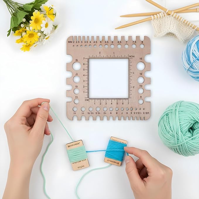 Wooden Rulers Wooden Knitting Crochet Gauge Ruler Stitch Counter Spinner Yarn Measure Tool Square Craft Accessory for Needles