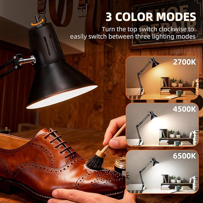LED Desk Lamp Dimmable with Clamp, Eye-Caring Clip on Lights for Home Office, 3 Adjustable Color Temperature,Extra Tall Metal Swing Arm, High Intensity Clamp w/A19 E26 Bulb for Working Reading