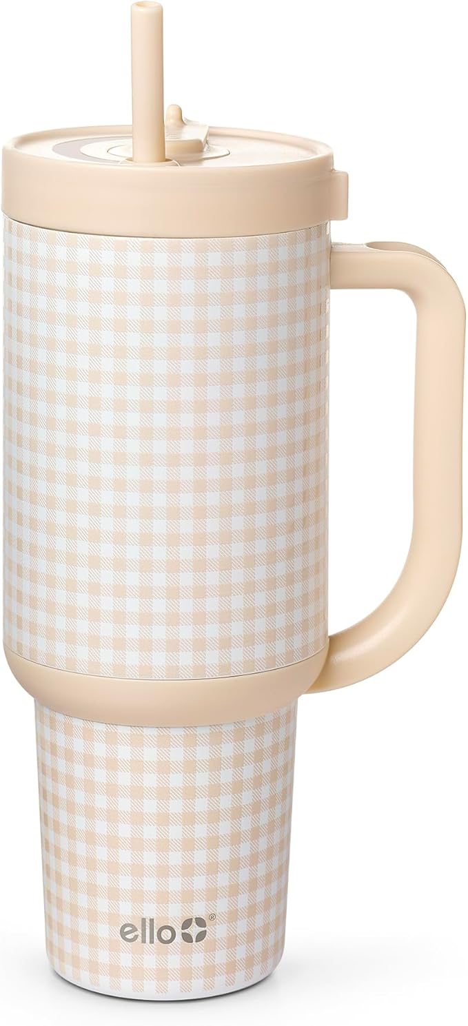 Ello Oasis 40oz Tumbler with Handle & Retracting Straw | Reusable Insulated Stainless Steel Cup 100% Leakproof | Gifts for Teens Women | Keeps Cold for 24 Hours | Cup Holder Friendly | Beige Gingham
