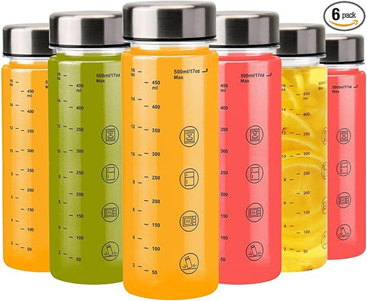 6 Pack Plastic Juice Bottles with Caps - Wide Mouth Resuable Clear Plastic Water Bottles for Juicing,Smoothie,Protein, Beverage,Storage Containers,BPA Free,Leakproof Stainless Steel Lid(16 Ounces)