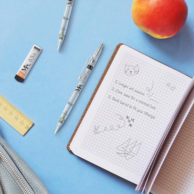 MozArt Mechanical Pencil Set 4 Sizes 0.3 0.5 0.7 0.9mm HB Lead Clear | 30 HB Lead & Eraser Refills – Sketch, Drafting, Art & Drawing for Artists, Students & Architects – Clear Transparent Body