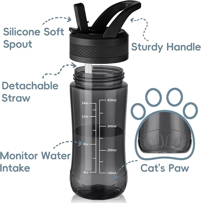 14oz Clear Kids Water Bottle with Straw Lid, BPA-Free Tritan, Measurement Scale, Sturdy Handle Wide Mouth Leak-proof Reusable Plastic Bottle for Boy& Girls, Back to School(Black)