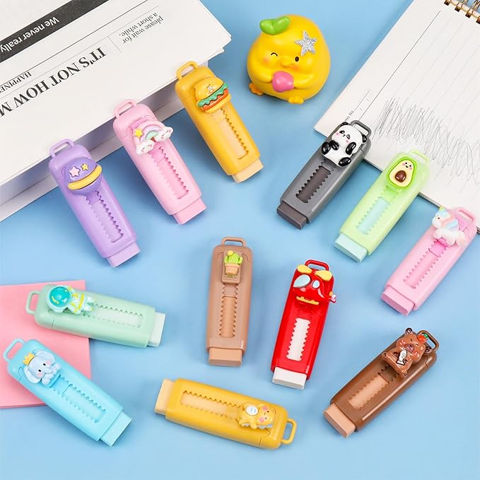 12 Pack Cute Retractable Pencil Erasers for Kids Bulk Kawaii Cartoon Fun Erasers for Teacher Class Rewards Favor School Supplies Home Office Party Gift Filling