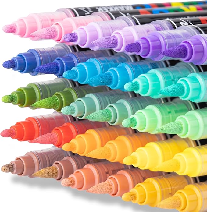 Guangna 60 Colors Acrylic Paint Markers, Dual Tip Paint Markers Pens Set with Soft Brush Tip, Multifunctional Fine Tip Markers for Wood, Canvas, Rock Painting,Glass,Diy Crafts Art Supplies, Waterproof