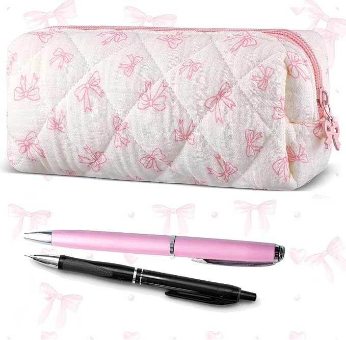 Sherr Coquette Bow Pencil Case Pink Bow Cute Pencil Pouch Soft Cotton Storage Bag Aesthetic Pattern Gift Makeup Pouch Cosmetic Bag for Women