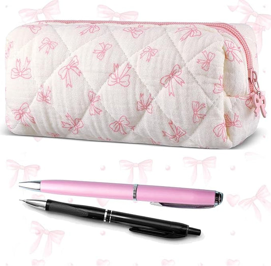 Sherr Coquette Bow Pencil Case Pink Bow Cute Pencil Pouch Soft Cotton Storage Bag Aesthetic Pattern Gift Makeup Pouch Cosmetic Bag for Women