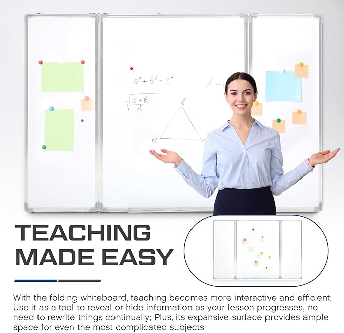 AmazingSpark 60” x 40” Foldable Whiteboard Dry Erase Board Large Tri Folding Whiteboard Magnetic Dry Erase Board, Wall Aluminium Frame and Flip Out Pen Tray for Office, Home