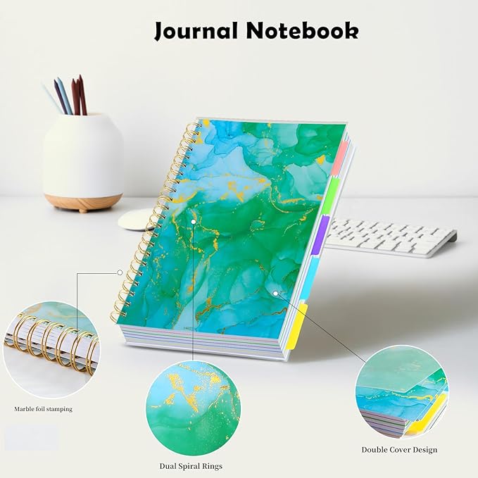 5 Subject Notebook College Ruled, A5 Spiral Notebook with Removable Pocket Dividers Tabs, Lined Organizer Notebook Journal for Women, 240 Pages Notebooks for Work School Note Taking, Green Marble