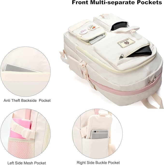 Laptop Backpacks 15.6 Inch College Backpack Elementary Middle High School Bag Large Cute Bookbags Anti Theft Travel Back Pack Casual Daypack Kids Book Bag for Teens Girls Women Students (Off-white)
