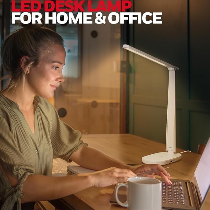 Honeywell HWT-H2 LED Desk Lamp, CRI94 Full Spectrum Eye-Caring Table Light, Foldable Dimmable 4 Color Modes with USB A+C Charging Ports for Home Office Bedroom Reading Study Work (White)
