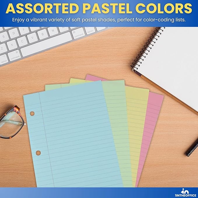 1InTheOffice 5.5 x 8.5 Paper, Pastel, College Ruled Mini Binder Paper, Loose Leaf Paper, Assorted Color, 100 Pack