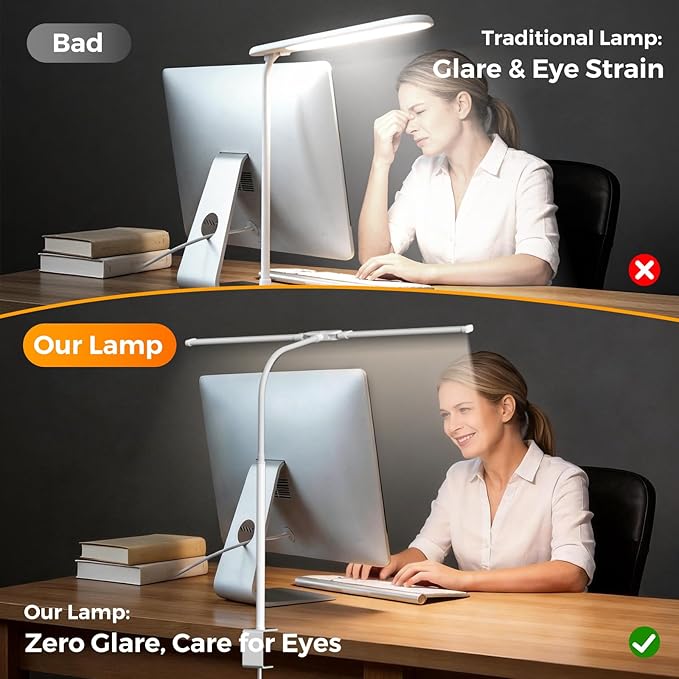 SKYLEO LED Desk Lamp with Clamp - Double Head Desk Light with Remote and Touch - Eye Protection - 12 W, 5 Color Modes, Timer and Memory Function, Flexible Gooseneck - for Office, Reading - White