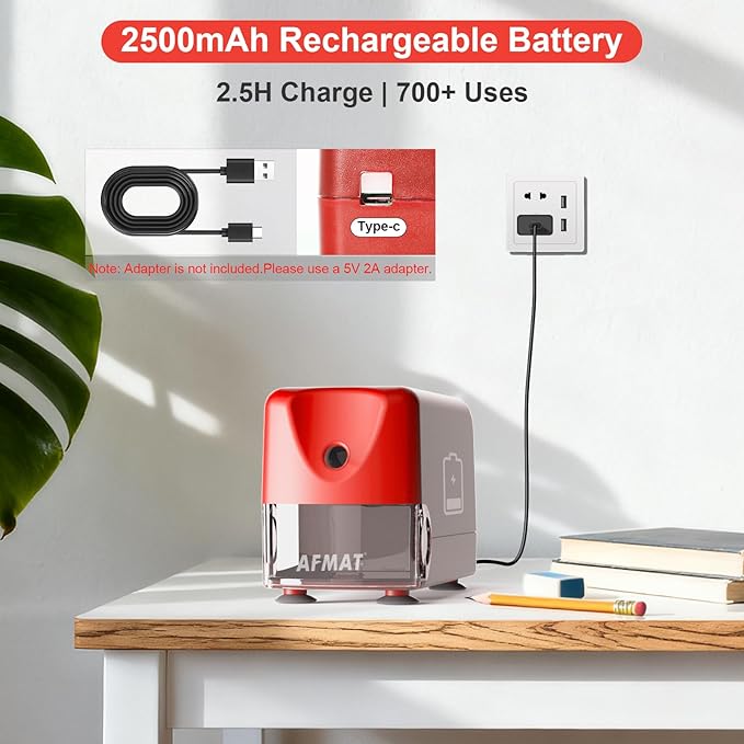 AFMAT Electric Pencil Sharpener, Cordless & Rechargeable, Heavy Duty Classroom Pencil Sharpeners for 6-11mm Pencils, Auto Stop, 2s Fast Sharpening, Battery Powered, 10,000 Sharpenings, Red, PSD3