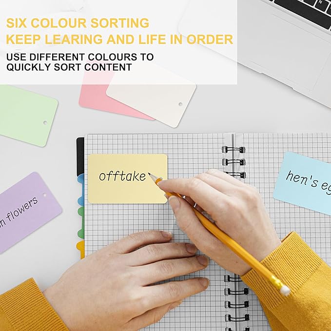300 PCS Hole-Punched Blank Index Cards With Rings，3.2x2.1In Colored Flash Cards Kraft Paper Cover, Portable Notecards For Study/Office/Home/Note-Taking/Language Learning(6 Color)