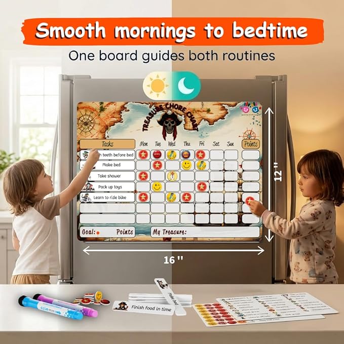 Mimi Doodle Magnetic Chore Chart for Kids – 16x12 Dry Erase Daily Responsibility Board for Fridge with 39 Chore tabs, 100 Reward Stickers – Behavior Chart for Kids at Home – Pirate Theme
