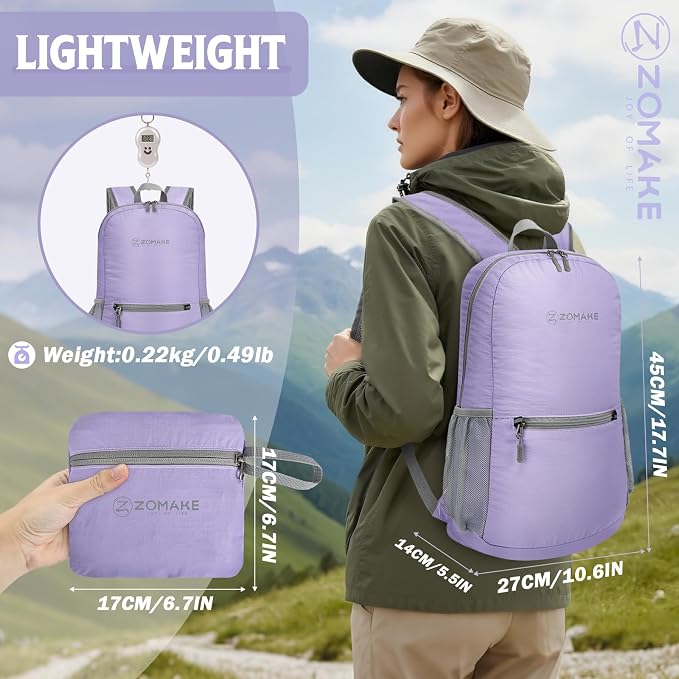 ZOMAKE Lightweight Packable Backpack, Foldable Small Travel Day Pack | 10/15/20L Water Resistant Hiking Backpacks for Women Men, Multiple Pockets, Breathable Shoulder Strap, Everyday Carry