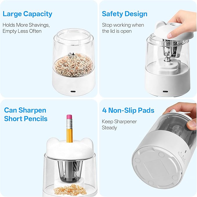 Electric Pencil Sharpener, Auto Stop Fast Sharpen in 3s, Battery Powered Pencil Sharpeners for No.2 & 6-8mm Colored Pencils, Cute Rechargeable Pencil Sharpener for Classroom/Office/Home (White)
