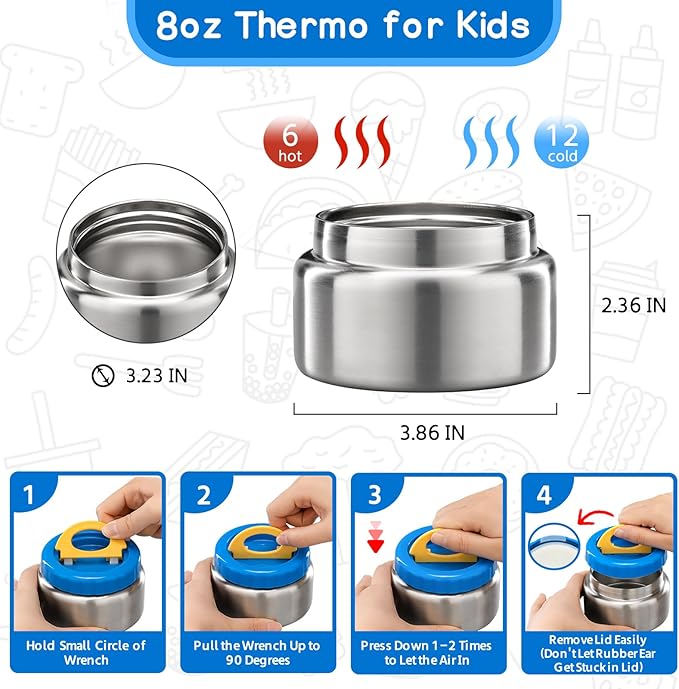 MAISON HUIS Bento Lunch Box for Kids With 8oz Soup Thermo, Leakproof Lunch Containers with 4 Compartment Bento Box, Thermo Food Jar and Lunch Bag, BPA Free,Travel, School(Striped Star)