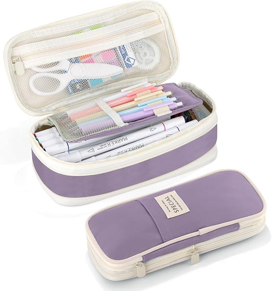 Large Capacity Pencil Case with Zipper, Aesthetic Pencil Pouch, Portable Stationery Organizer Bag for Teen and Adults, Big Pencil Bag for College, Office, Travel - Purple