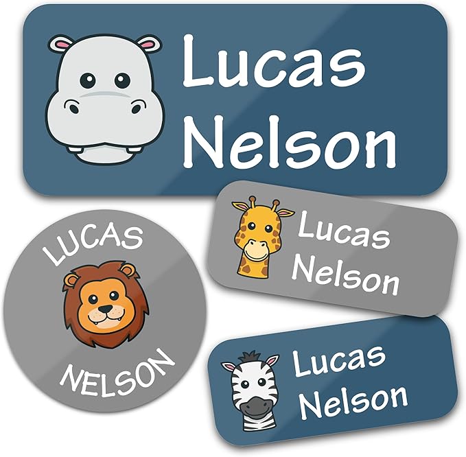 Bunny Badges Personalized Daycare Name Labels for Kids (130 Labels) - Custom Waterproof Name Stickers for Clothing Tags, Water Bottles, Lunch Boxes and School Supplies (Safari Animals)