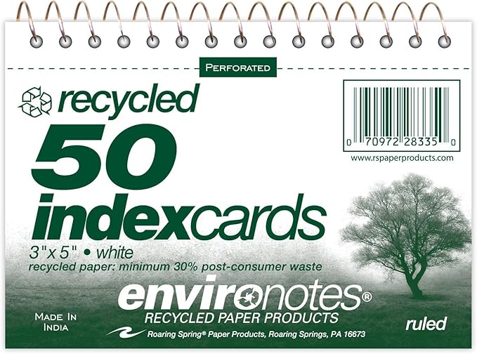 Roaring Spring Wirebound Spiral Bound Recycled Index Cards 3"x5", 50 Count, 100# White Paper, Narrow Ruled, Perforated, Blank on Back, Snag-proof (Pack of 1)