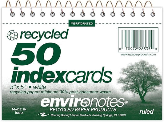 Roaring Spring Wirebound Spiral Bound Recycled Index Cards 3"x5", 50 Count, 100# White Paper, Narrow Ruled, Perforated, Blank on Back, Snag-proof (Pack of 1)