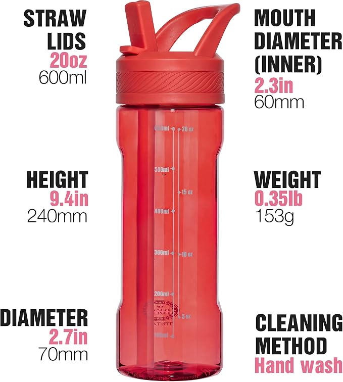 OLDLEY 20oz Kids Water Bottle with Straw, BPA-Free Tritan Water Bottle for School, Leakproof Clear Water Bottle with One Click Open, Measurement Scale, Cup Holder Friendly for Boys Girls,Clear Red