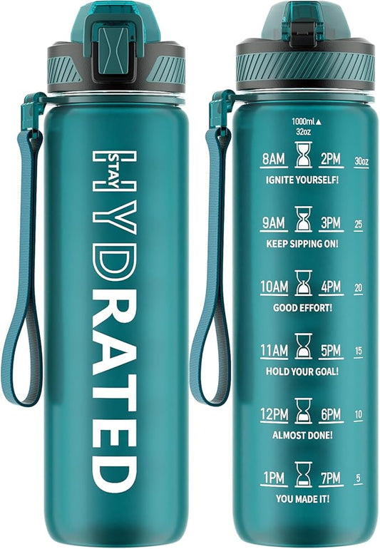 QLUR Water Bottle with Straw, 32oz Motivational Water Bottles with Time Marker to Drink, Tritan BPA Free, 1L Sports Water Bottle with Carry Strap LeakProof for Women Gym Fitness Outdoor (1 Pack)