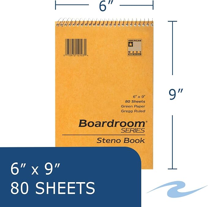 Roaring Spring Spiral Steno Pad, 6"x9", 12-Pack, Gregg Ruled, 80 Sheets 15lb Green Paper Per Book, Proudly Made in The USA!, Snag Proof Wire, Stiff Board Covers