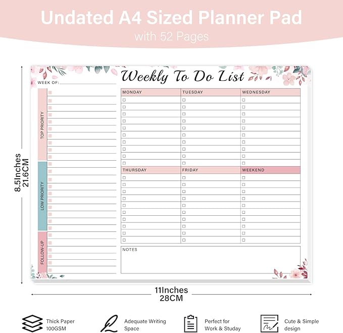 Weekly To Do List Notepad - 52 Undated Glue Bound Tear-Off Sheets (8.5"x11") for Desk Planning | Home, Work & School Organization Pad for Women & Men (Pink)