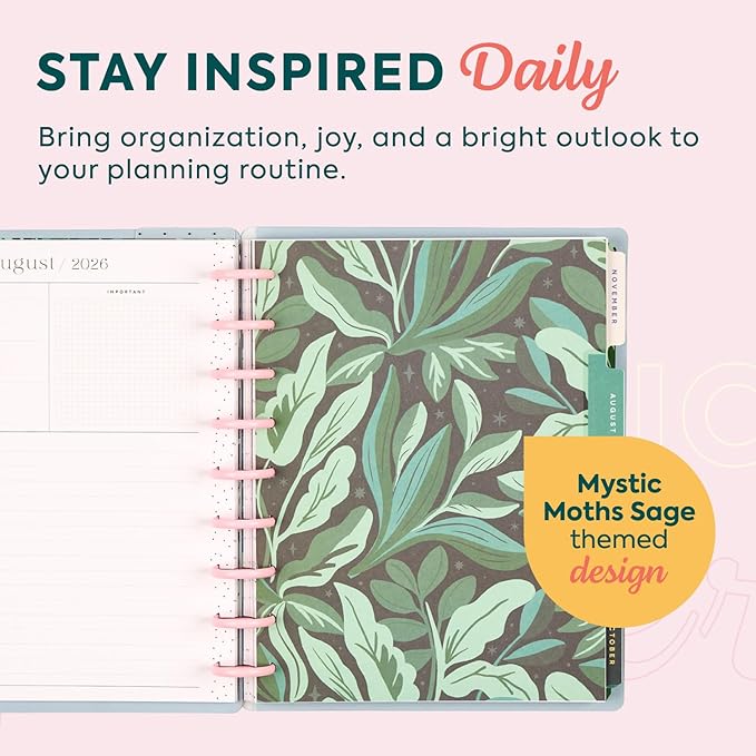 Happy Planner Disc-Bound Planner July 2026–June 2027, Includes 3 Extra Months and 2 Sticker Sheets, Classic Size, 7" x 9.25", Horizontal Layout, Mystic Moths Sage