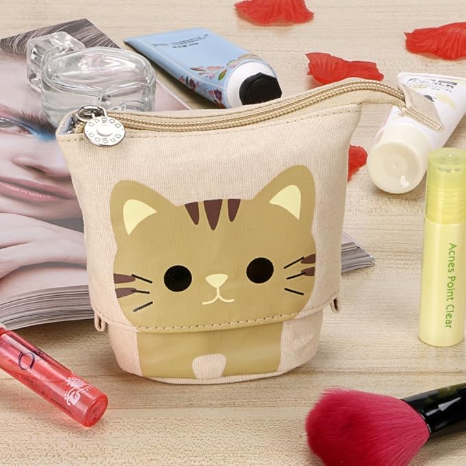 Telescopic Pencil Pouch Standing Pen Holder Cute Pencil Bags Stand Up Pen Case Cartoon Pencil/Pens Storage Box Canvas+PU Stationery Organizer Makeup Bag with Zipper Closure (Khaki)