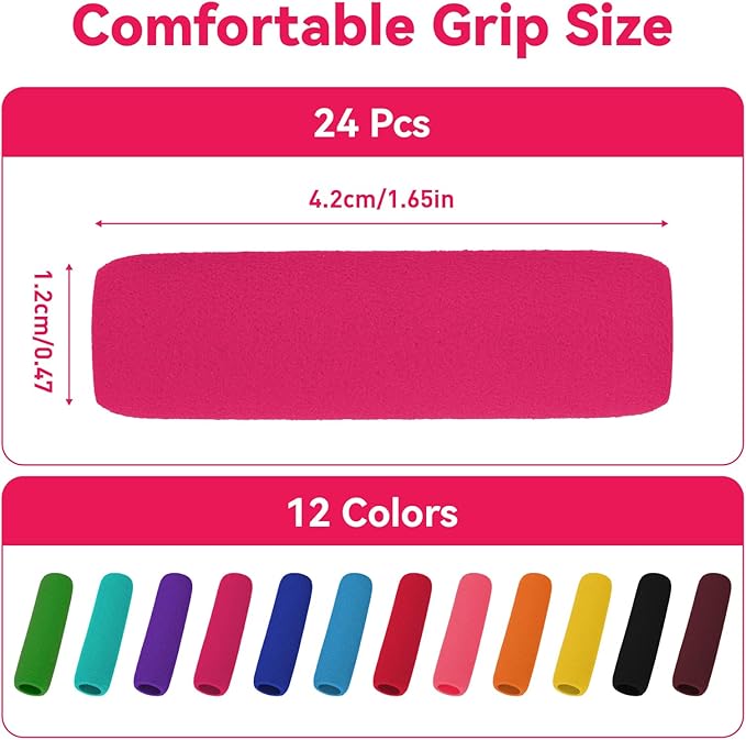 24 Pack Soft Foam Pencil Grips, 1.6" Long Ergonomic Pen Grips, 12 Assorted Colors, Cushioned Writing Aid for Kids & Adults, Comfortable Pencil Holder to Relieve Hand Fatigue, School & Office Supplies