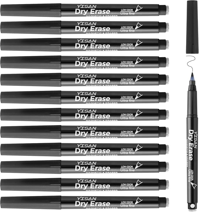YISAN Black Dry Erase Markers Ultra Fine Tip,0.7mm Extra Fine Point, Whiteboard Markers with Eraser,Low Odor,70573
