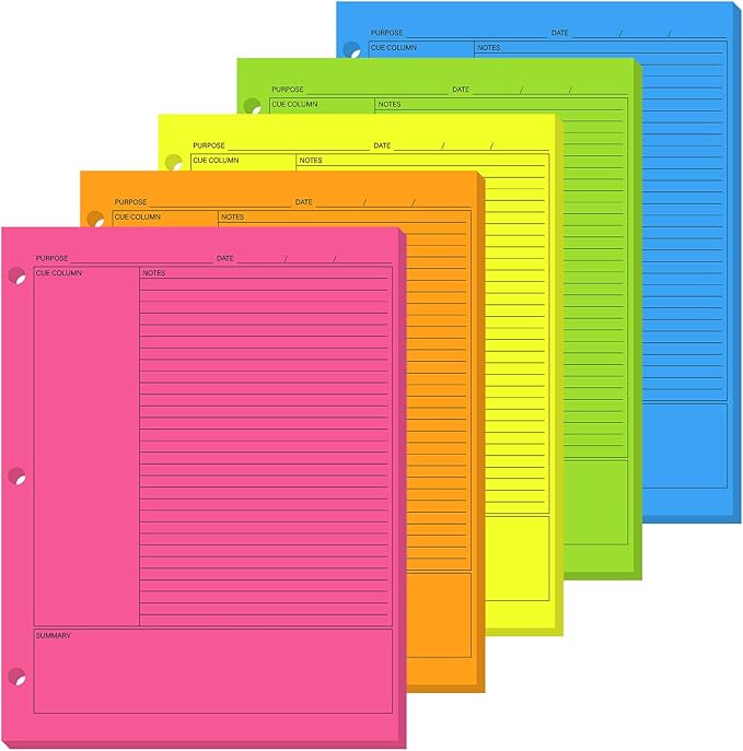 Ctosree 200 Sheets Cornell Notes Loose Leaf Paper, 8.5 x 11 Inch, 3 Hole Punch, Cornell Notes Filler Paper for School Office College Business Home (Fluorescent Color)
