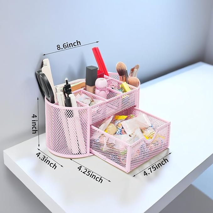 Newkita Desktop Organizer with Pencil Pen Holder and Accessories Offering 8 Compartments and 1 Drawer for Home, School and Office. (Cherry Blossom Pink)