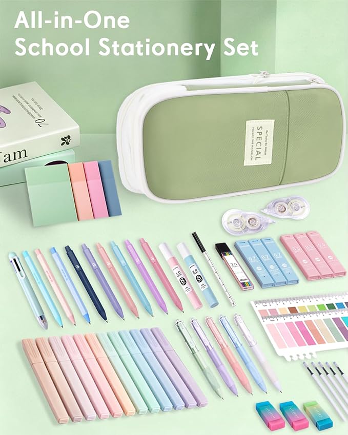 XKDOUS 54PCS All-in-One Cute School Supplies with Large Pen Case, 12 Pastel Highlighters, 5 Gel Pens, 9 Mechanical Pencils 0.5mm, 0.7mm & 2.0mm Stationary Set for Writing, Drawing & Drafting