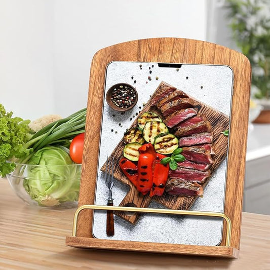 Wooden Cookbook Stand for Kitchen Countertop: Folding Wood Recipe Holder, Ergonomic Reading Stand for Large Hardcover Books and iPad, Ideal Gift for Mom and Grandma, Stable Non-Slip Desktop Bookrest